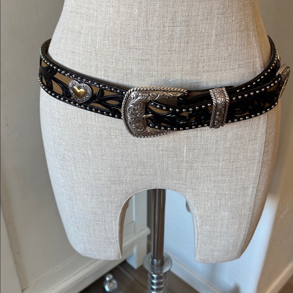 Vintage Leather tooled embossed studded belt with metal heart accents